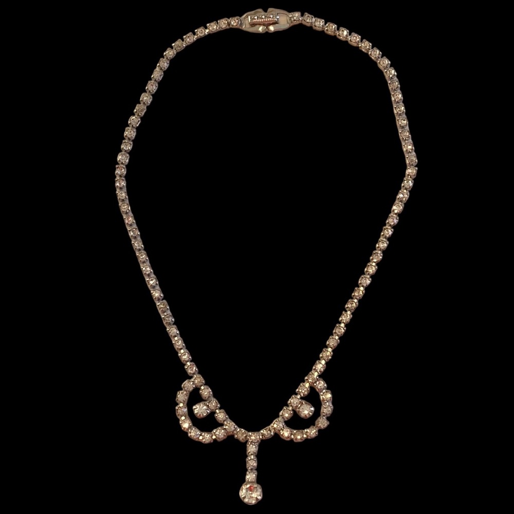 Vtg Rhinestone Necklace Crystal Round Half Moon Half Circle Point Drop 14.5”